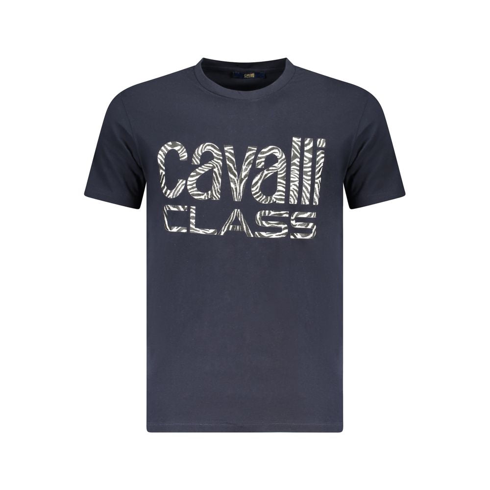 Cavalli Class Blue Cotton Men T-Shirt with bold logo, short sleeves, and crew neck, showcasing luxurious fashion appeal.