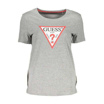 Guess Jeans Gray Cotton Women T-Shirt with crew neck and bold Guess logo print for a stylish and comfortable look