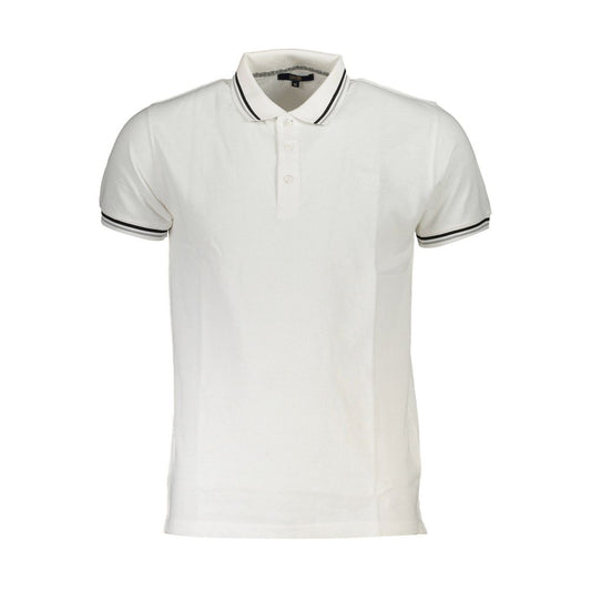 Cavalli Class White Cotton Men Polo Shirt with contrasting details and signature embroidery, exuding sophistication and style.