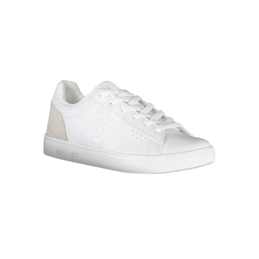 Napapijri White Leather Men Sneaker with lace-up design and iconic logo displayed, offering style and comfort for modern men.