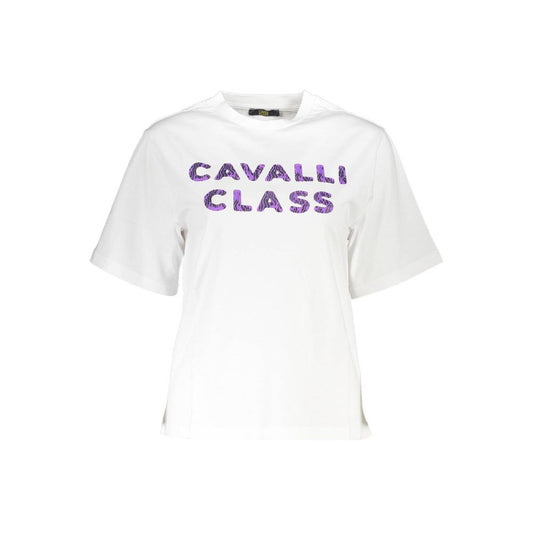 Cavalli Class White Cotton Women T-Shirt with bold logo design on front, perfect for stylish wardrobe.