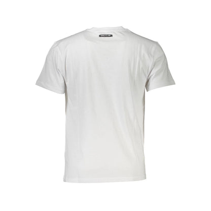 Back view of Cavalli Class White Cotton Men T-Shirt with logo and short sleeves.