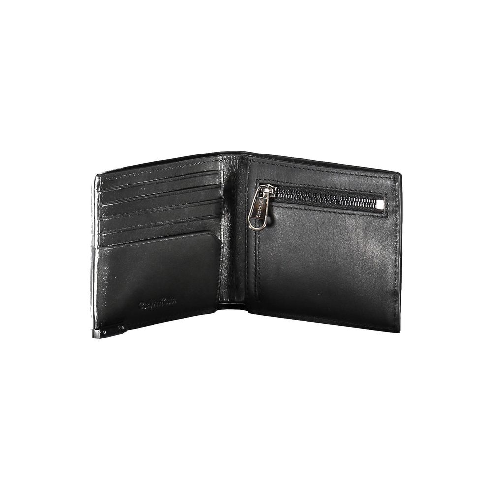 Calvin Klein Black Leather Men Wallet with card slots and secure zip pocket, showcasing sleek and functional design.