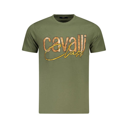 Cavalli Class Green Cotton Men T-Shirt with iconic logo and stylish crewneck design, showcasing modern elegance and luxury.