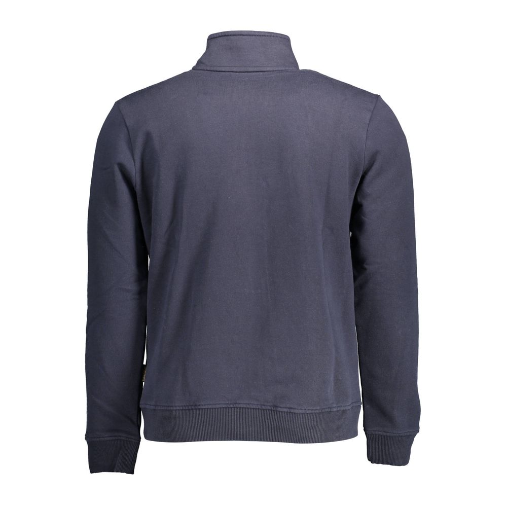 Back view of Napapijri Blue Cotton Men Sweater with zip closure and embroidery details, crafted from premium cotton and polyester blend.