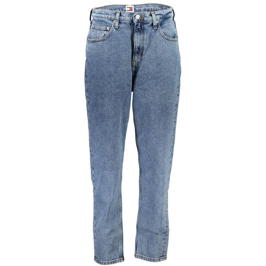 Tommy Hilfiger Blue Cotton Women Jeans with high waist and tapered leg, featuring embroidery and classic logo, fashionable and comfortable.