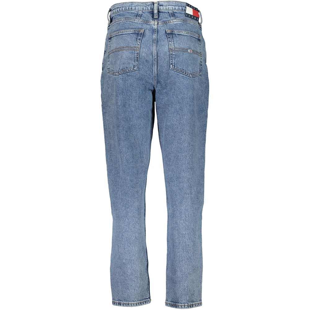 Back view of Tommy Hilfiger Blue Cotton Women Jeans with high waist and tapered leg, showcasing chic design and iconic logo.