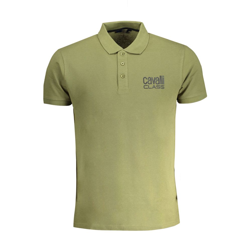 Cavalli Class Green Cotton Polo Shirt with short sleeves, buttons, print, and logo.