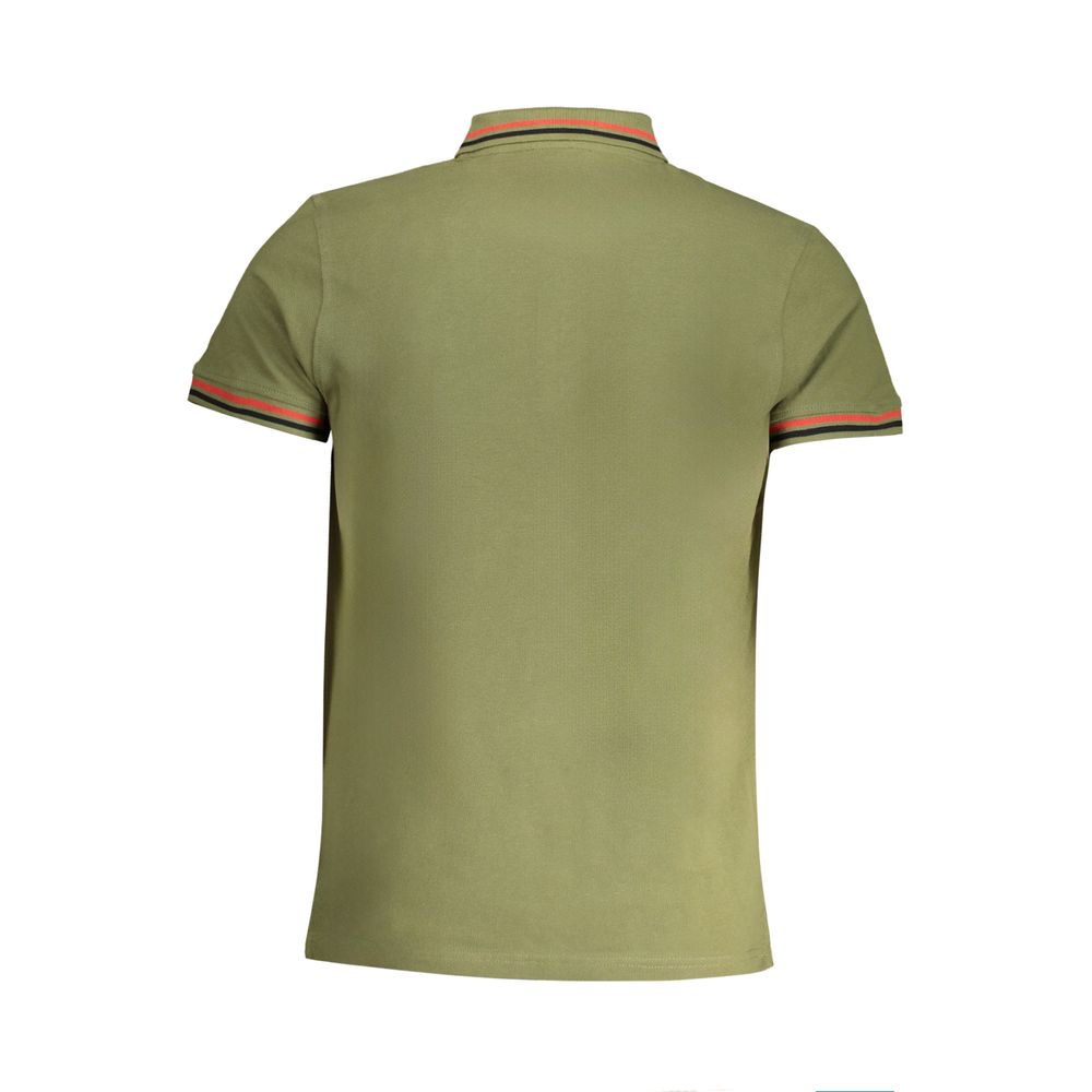 Cavalli Class Green Cotton Polo Shirt, short sleeved, 3 buttons, contrast details, embroidery, and logo showcased at the back.