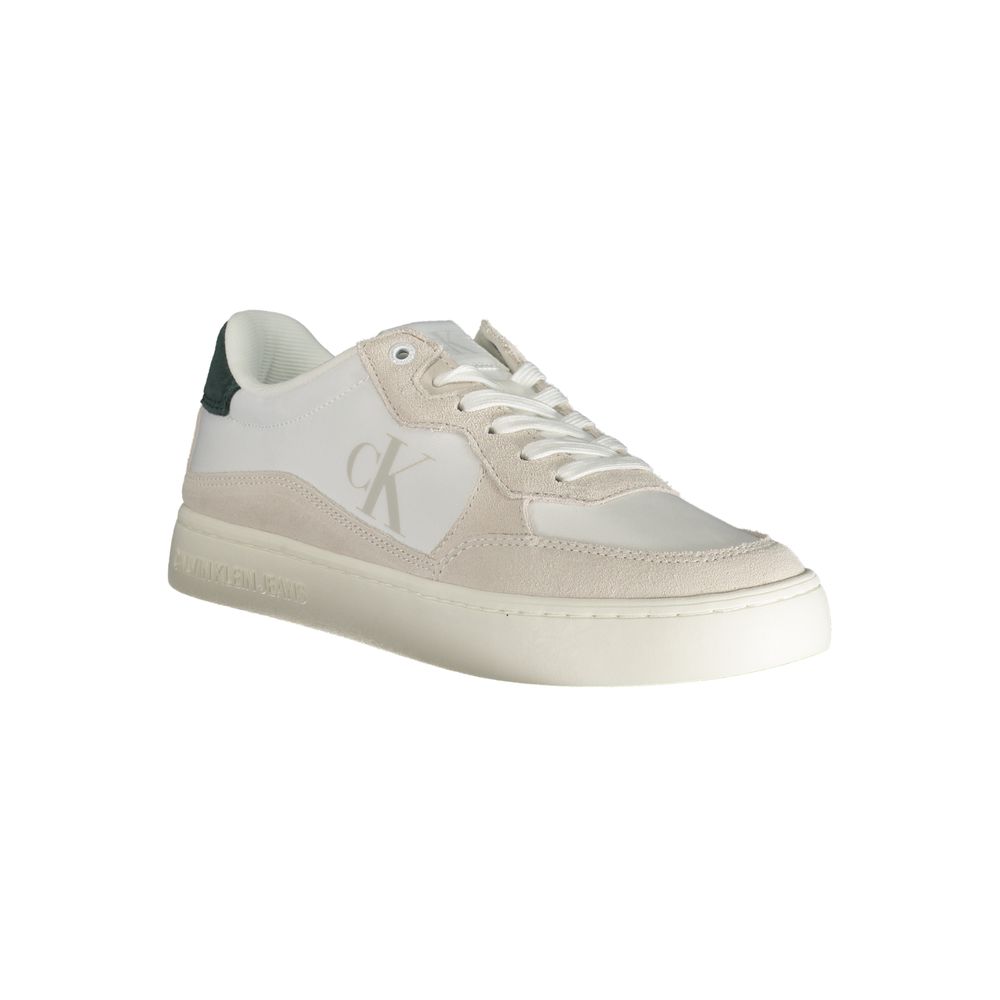 Calvin Klein White Leather Men Sneaker with classic lace-up design and iconic logo, crafted with eco-friendly materials for bold style.