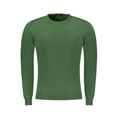 Cavalli Class Green Viscose Men Sweater featuring exquisite embroidery and logo, long-sleeved for modern sophistication and style.