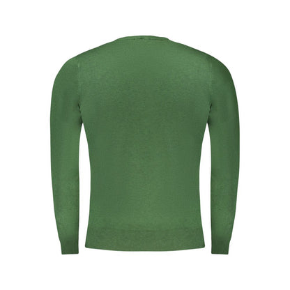 Cavalli Class Green Viscose Men Sweater with long sleeves and exquisite embroidery detail, showcasing luxury and contemporary style.