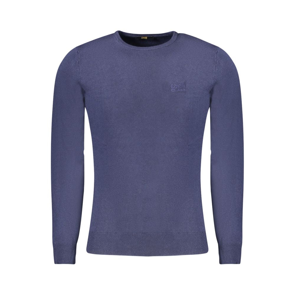Cavalli Class Blue Viscose Men Sweater with embroidered logo, long sleeves, and soft material for stylish comfort.