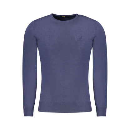 Cavalli Class Blue Viscose Men Sweater with embroidered logo, long sleeves, and soft material for stylish comfort.