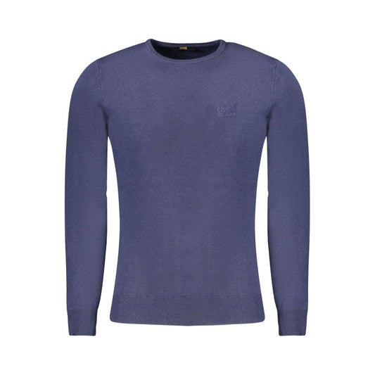 Cavalli Class Blue Viscose Men Sweater with embroidered logo, long sleeves, and soft material for stylish comfort.