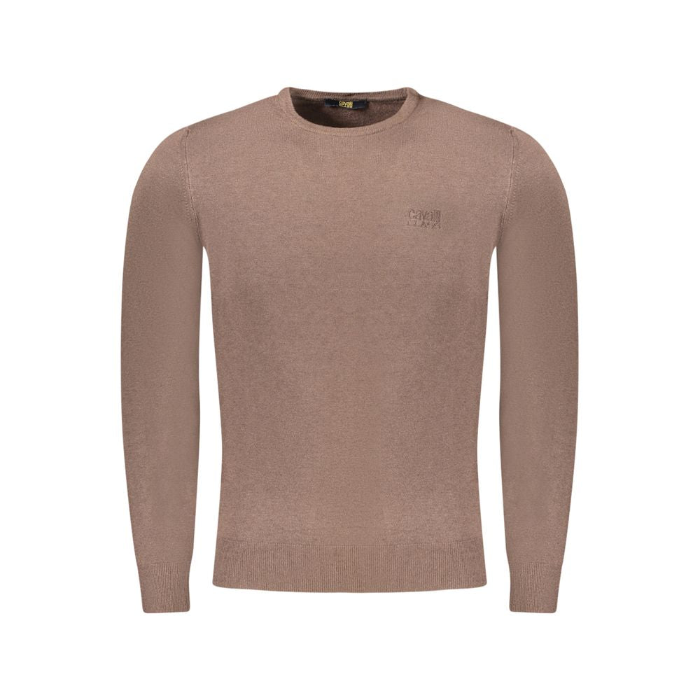 Cavalli Class Brown Viscose Men Sweater showcasing expert embroidery and logo, crafted from polyester, viscose, and polyamide for elegance.