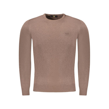 Cavalli Class Brown Viscose Men Sweater showcasing expert embroidery and logo, crafted from polyester, viscose, and polyamide for elegance.