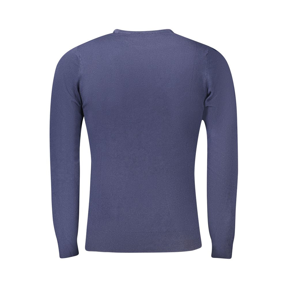 Cavalli Class Blue Viscose Men Sweater, long-sleeved blue T-shirt, sophisticated embroidered design, back view.