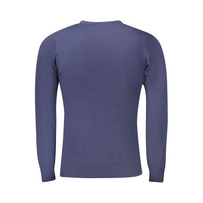 Cavalli Class Blue Viscose Men Sweater, long-sleeved blue T-shirt, sophisticated embroidered design, back view.