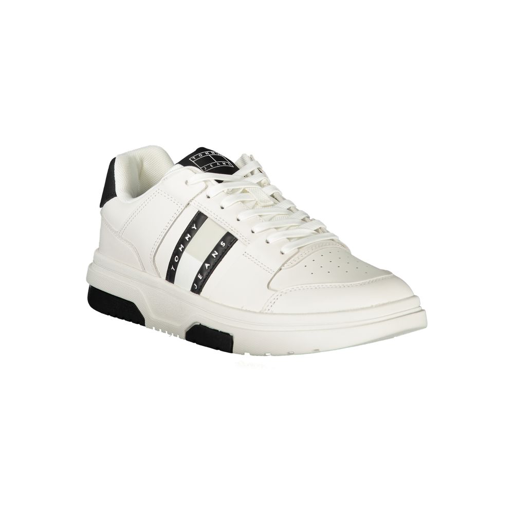Tommy Hilfiger White Polyethylene Men Sneaker with black accents and logo, featuring a removable footbed for customized comfort and style.
