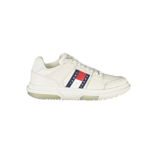 Tommy Hilfiger White Leather Women Sneaker with logo and contrasting details for modern sophistication and customizable comfort.