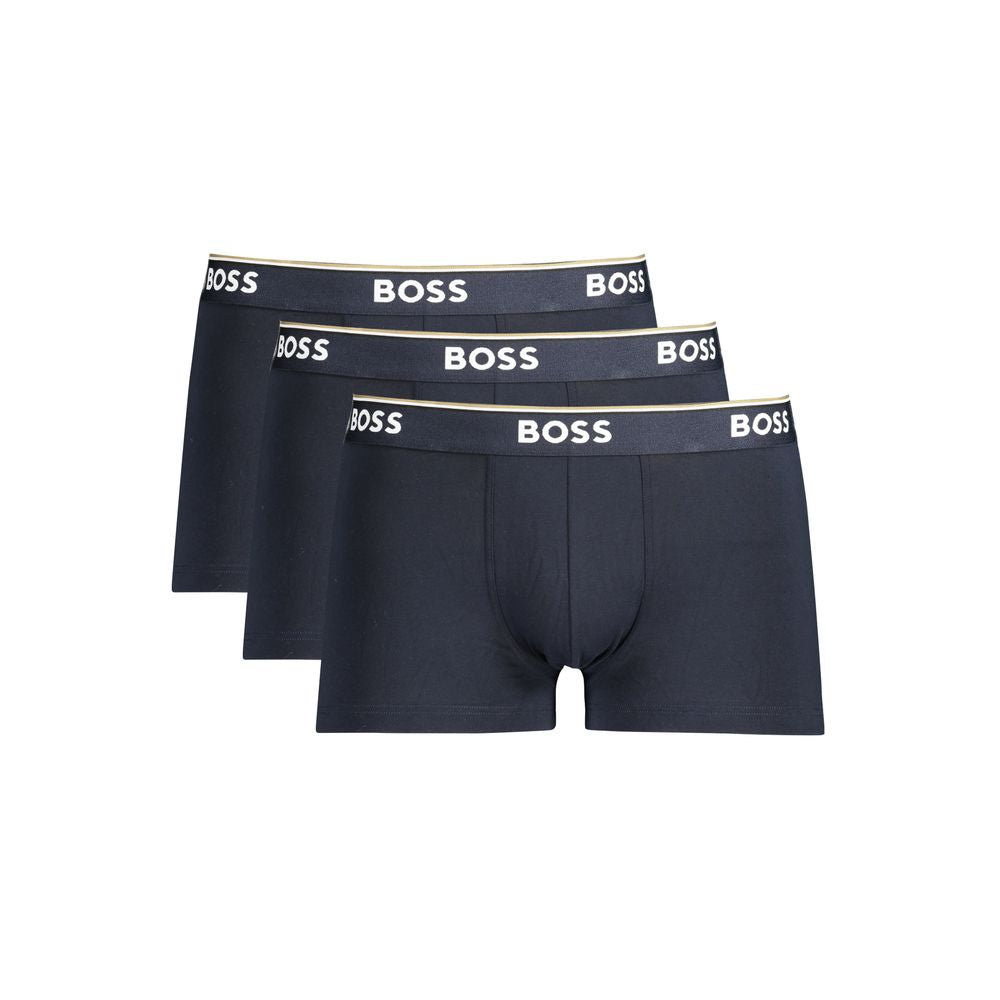 Hugo Boss Blue Cotton Men Boxer Underwear with elastic waistband and logo, trio set, premium cotton-elastane blend for comfort and style.