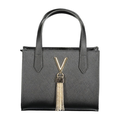 Mario Valentino Black Polyethylene Women Handbag with gold accents and chain tassel, featuring dual handles, and a chic silhouette.