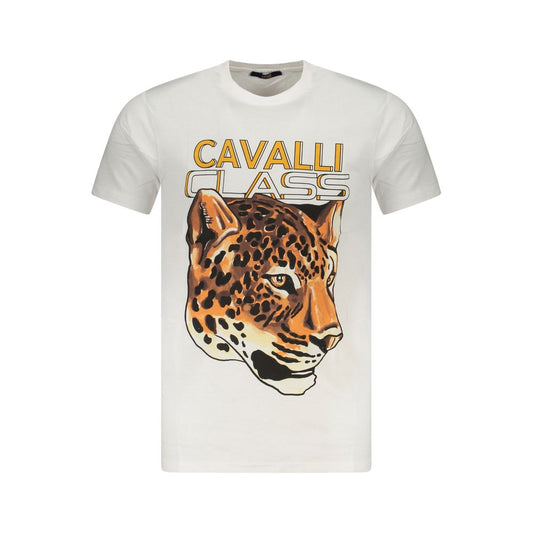 Cavalli Class White Cotton Men T-Shirt with leopard graphic and logo design on front, showcasing luxury fashion.