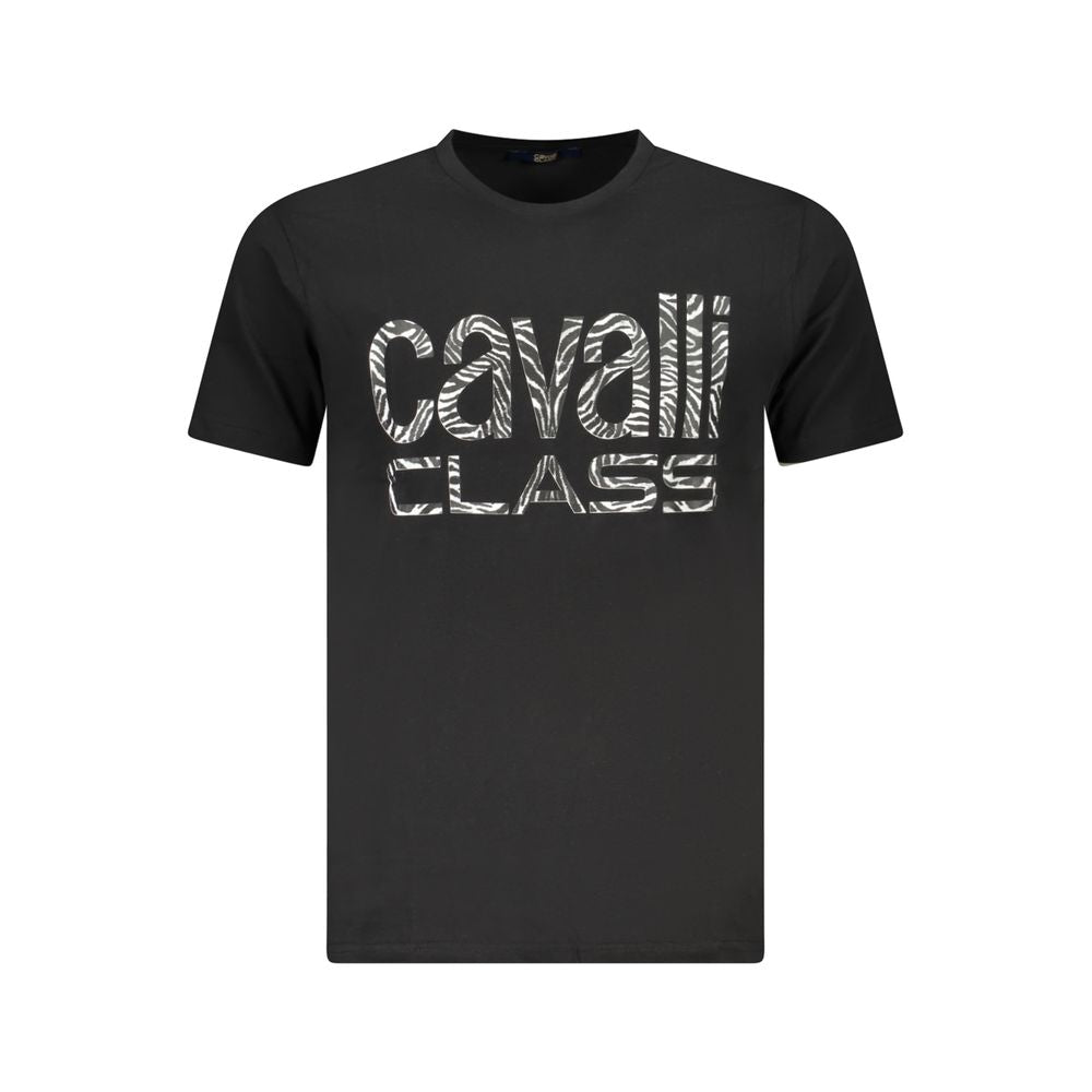 Cavalli Class Black Cotton Men T-Shirt with logo, sleek design, casual luxury fashion for men.