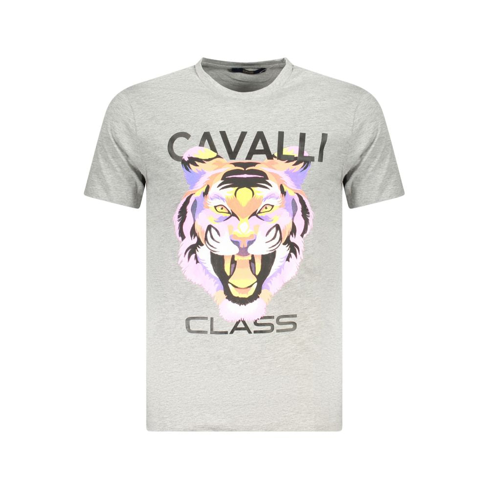 Cavalli Class Brown Cotton Men T-Shirt with striking print and logo, luxury crew neck design, fashionable short-sleeve cotton tee.