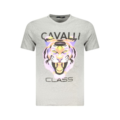 Cavalli Class Brown Cotton Men T-Shirt with striking print and logo, luxury crew neck design, fashionable short-sleeve cotton tee.