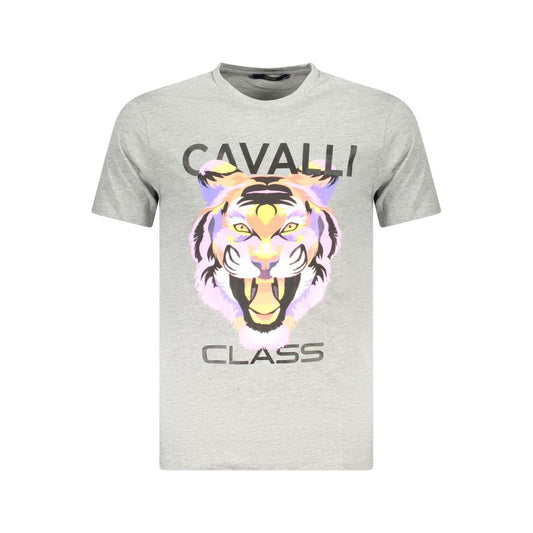 Cavalli Class Brown Cotton Men T-Shirt with striking print and logo, luxury crew neck design, fashionable short-sleeve cotton tee.
