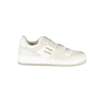 Tommy Hilfiger White Leather Men Sneaker with grey accents, iconic branding, removable footbed, perfect for casual outings and fashion statements.