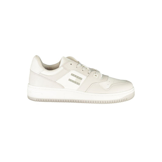 Tommy Hilfiger White Leather Men Sneaker with grey accents, iconic branding, removable footbed, perfect for casual outings and fashion statements.