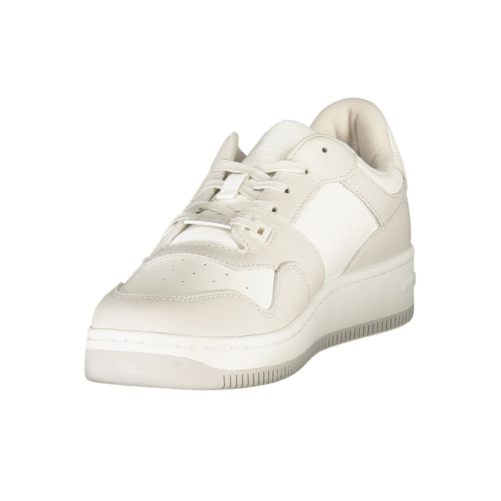 Tommy Hilfiger White Leather Men Sneaker with grey accents and branding, featuring a removable footbed for comfort. Ideal for casual outings.