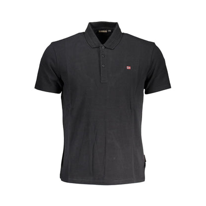 Napapijri Black Cotton Men Polo Shirt with 3-button design and embroidered logo, perfect for stylish comfort and trendsetting fashion.