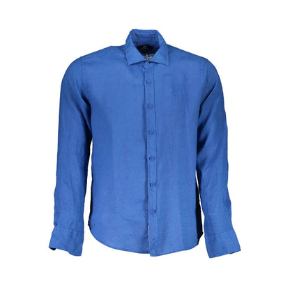 La Martina Blue Linen Men Shirt with long sleeves and French collar