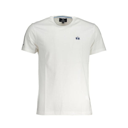 La Martina White Cotton Men T-Shirt featuring embroidery and logo on front, crew neck design, and elegant short sleeves.