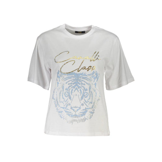 Cavalli Class White Cotton Women T-Shirt with round neck and bold print, featuring elegant Cavalli Class logo for a chic look.
