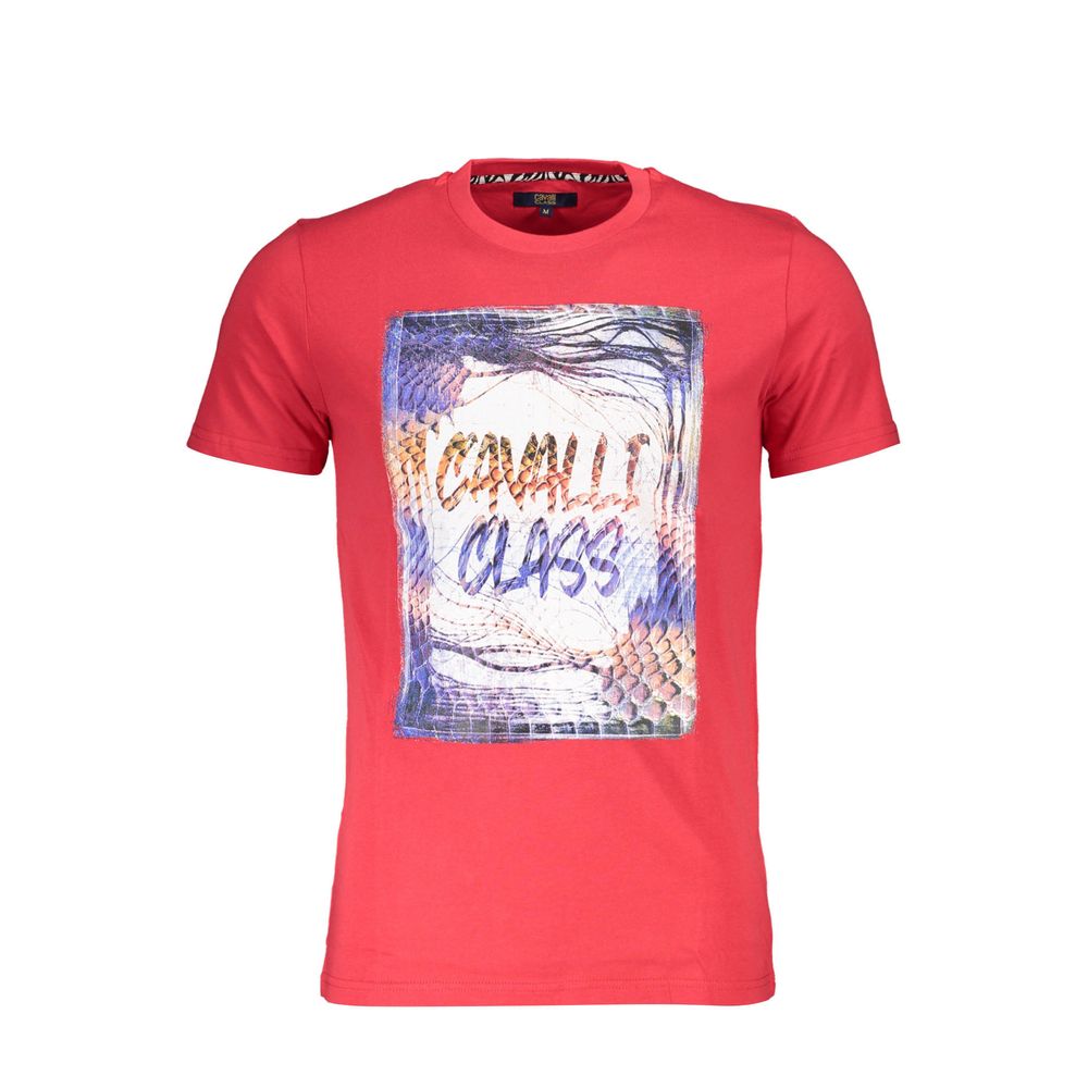 Cavalli Class Red Cotton Men T-Shirt with bold print and signature logo, crew neck, short sleeves, high-fashion style.