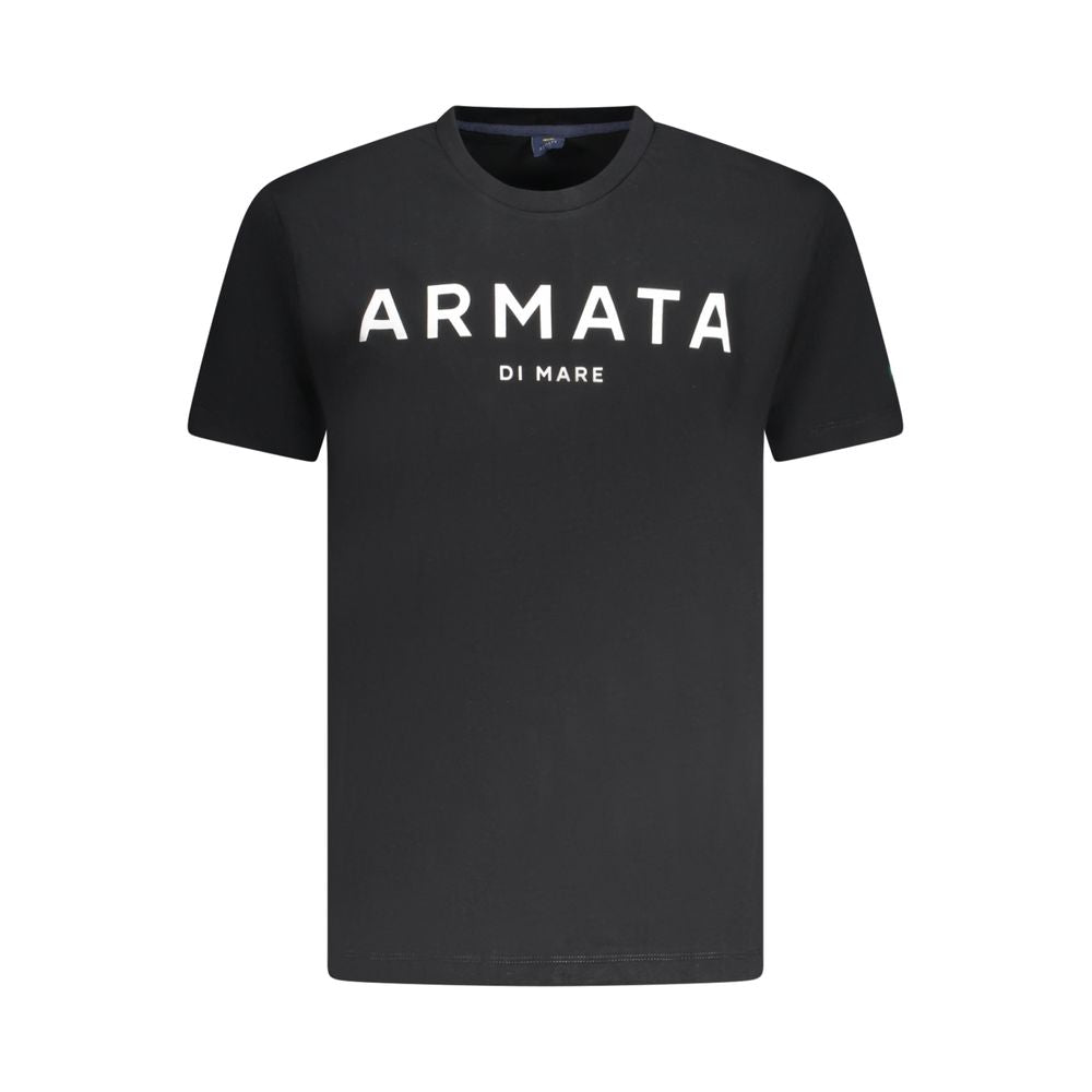 Alt Tag: Armata Di Mare Black Cotton Men T-Shirt with logo and print, featuring a classic crew neck and short sleeves, crafted for style and comfort.