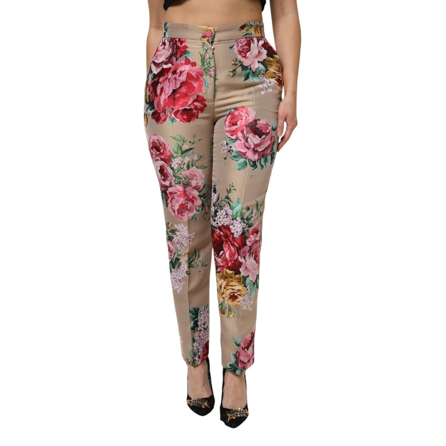 Dolce & Gabbana Beige Floral Print Women High Waist Pants