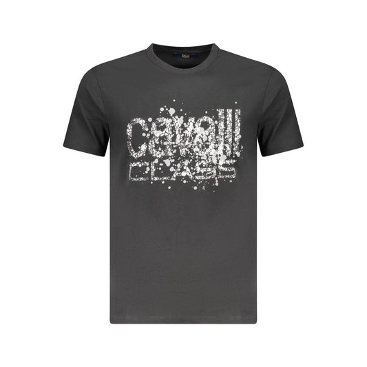 Cavalli Class Black Cotton Men T-Shirt with bold logo and print, short sleeve crew neck, stylish and durable fashion essential for men