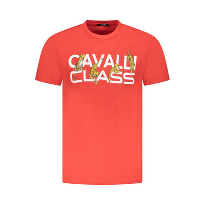 Cavalli Class Red Cotton Men T-Shirt with bold print and logo, short-sleeved crew neck design, perfect for stylish comfort.