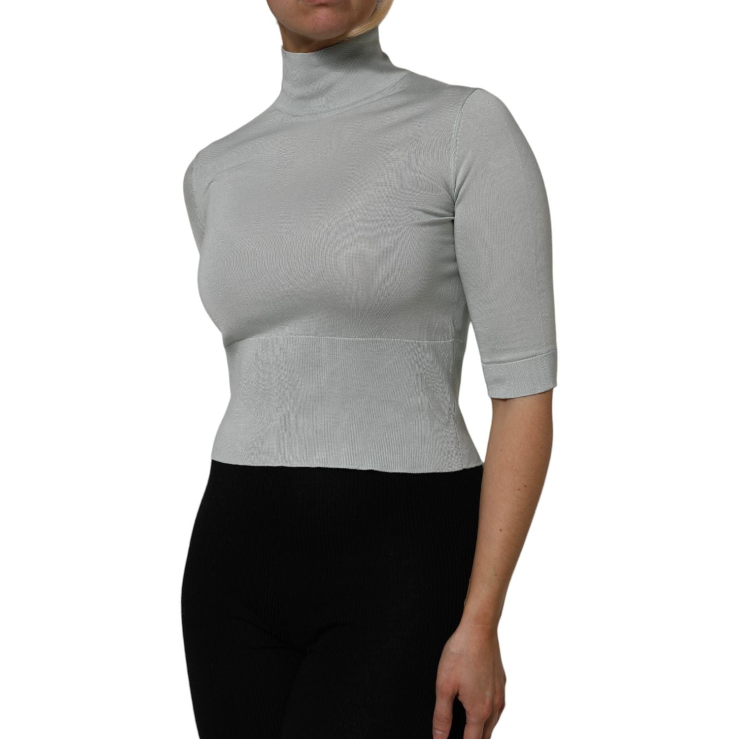 Dolce & Gabbana Light Green Silk Turtleneck 3/4 Sleeves Top