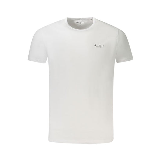 Pepe Jeans White Cotton Men T-Shirt with crew neck, short sleeves, and logo print, crafted from cotton and elastane for comfort and durability.