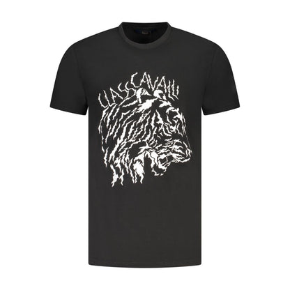 Cavalli Class Black Cotton Men T-Shirt with bold print and logo, featuring crew neck and short sleeves, perfect for high-end streetwear style.