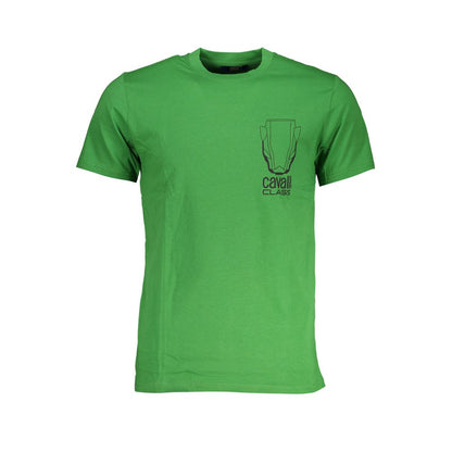 Cavalli Class Green Cotton T-Shirt with short sleeves, crew neck, and logo print.