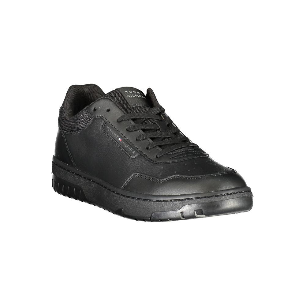 Tommy Hilfiger Black Leather Men Sneaker featuring a bold print, iconic logo, and removable footbed for tailored comfort.