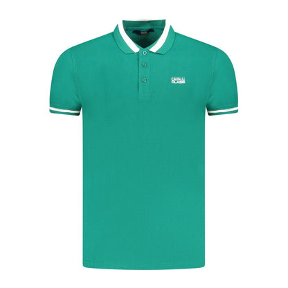 Alt Tag: Cavalli Class Green Cotton Men Polo Shirt with embroidery logo, short sleeves, and contrasting details, perfect for casual or smart-casual wear.
